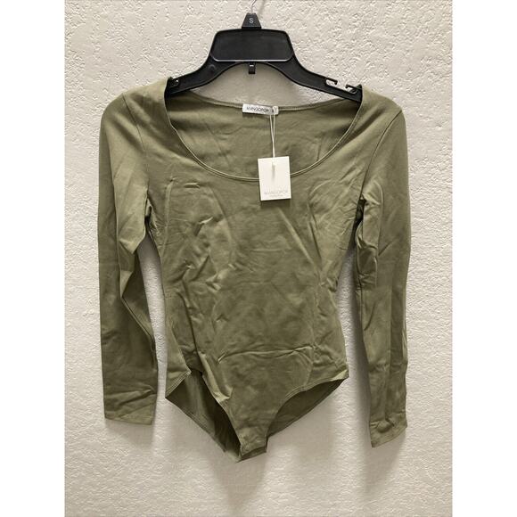 Mangopop Bodysuit Women Sz Small Olive Green Snap Bottom Long Sleeve - Picture 1 of 9